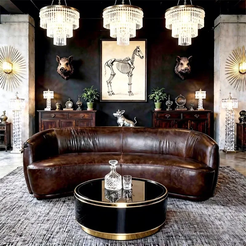 Modern minimalist curved leather sofa, brown leather solid wood frame handmade living room office furniture