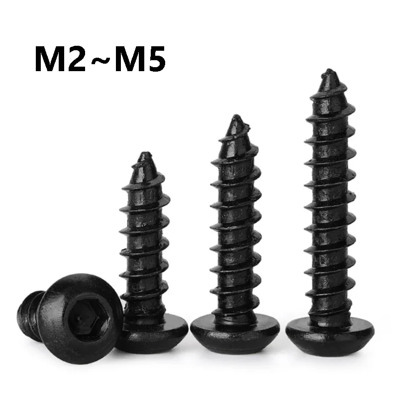 2~200Pcs Round Button Head Hex Socket Self Tapping Screw M2 M2.3 M2.6 M3 M3.5 M4 M5 Black 304 Stainless Steel Allen Wood Screw