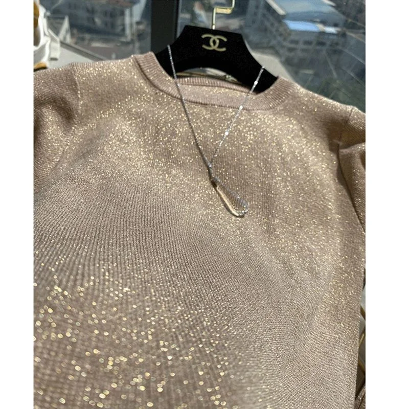 Autumn winter sequin glossy gold long sleeve sweater  pullovers Warm slim knitted plus size women tops jumoers