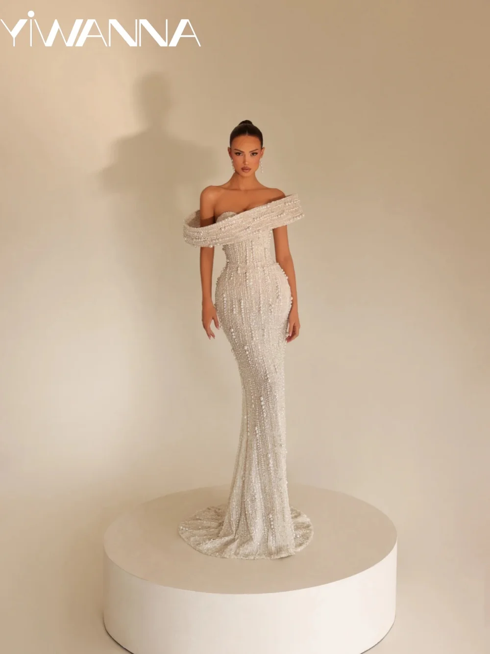 

Glamorous Beads Pearls Wedding Dress Off Shoulder Mermaid Floor-length Bridal Gown Customized New Gorgeous Dresses For Bride