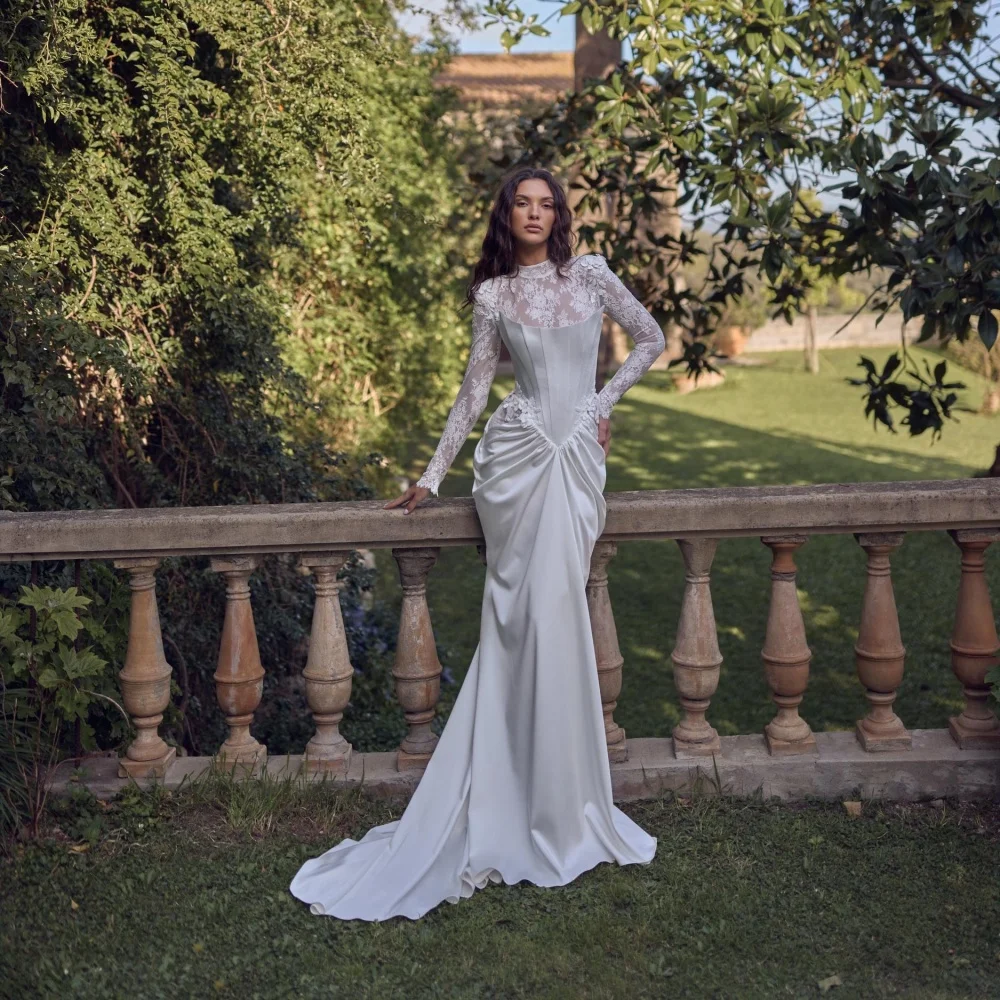 

High Neck Wedding Dress Sexy Lace Applique Bridal Dress Charming Long Sleeve Lace-up Bridal Gown Vestidos De Novia Customized