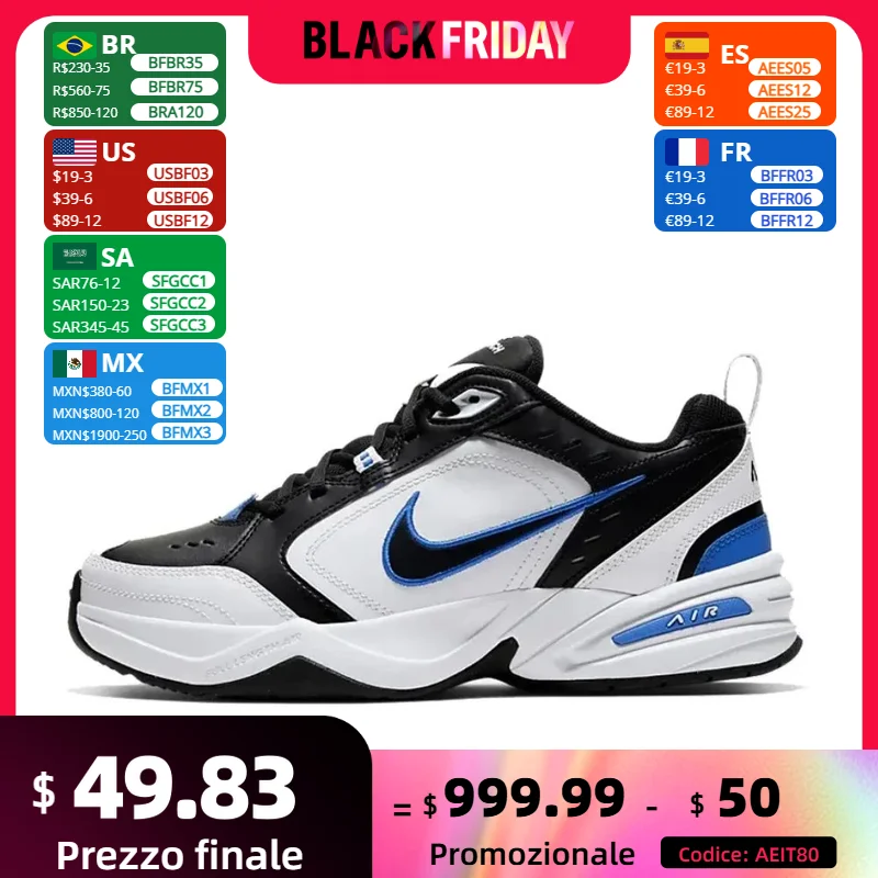 Nike Original Air Monarch 4 Low Comfortable Sneakers Classic Retro Casual Running Shoes Black White Blue Colorway