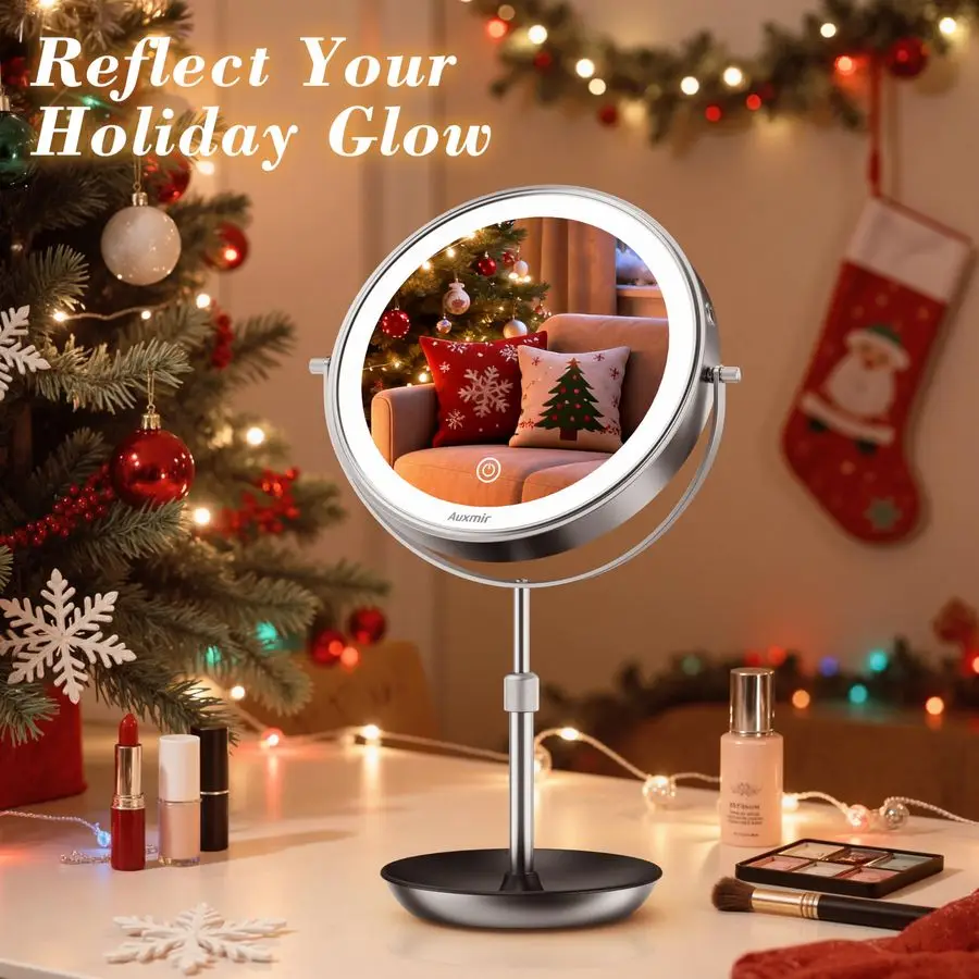 9 Large Lighted Makeup Mirror with Magnification, 1X 30X Double Sided Magnifying Mirror with Adjustable Height, Rechargeable Van