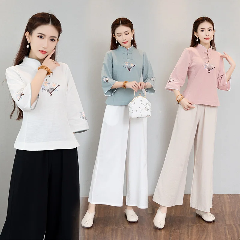 

Yourqipao Autumn 2023 Literary Retro Fashion Loose Casual Plus Size Daily Chinese Style Tops Pants Sets Tang Suit for Women