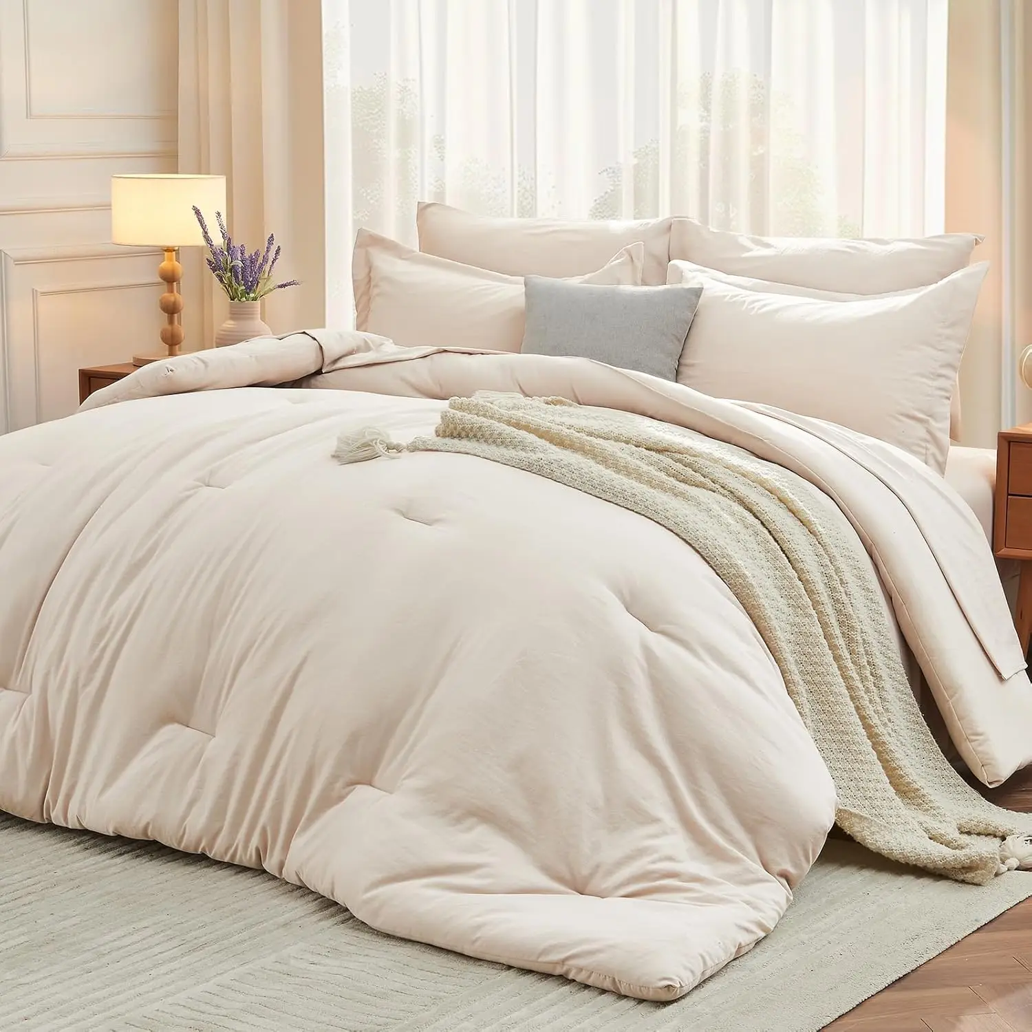 

7 Piece Queen Comforter Set, Soft Bed in a Bag, All Season Beige Bedding with Sheets and Pillowcases