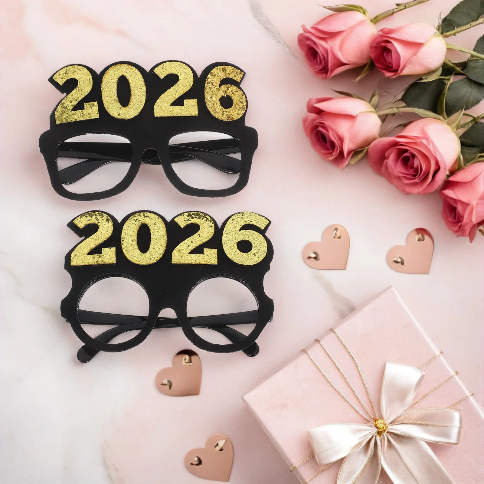 2 قطعة 2026 النظارات الذهب الأسود بريق السنة الجديدة حفلة مضحك كابينة تصوير الدعائم إطارات بلاستيكية اكسسوارات السنة الجديدة صور نظارات
