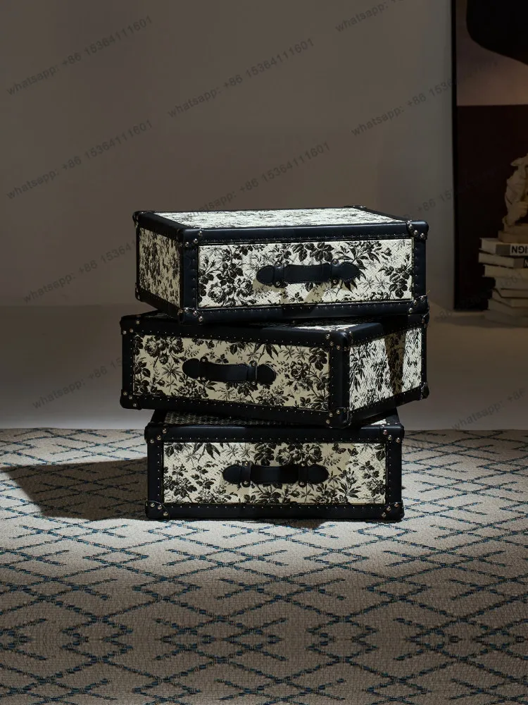 French retro rotating bedside table, black and white leather Italian minimalist bedroom, sofa side storage, light luxury