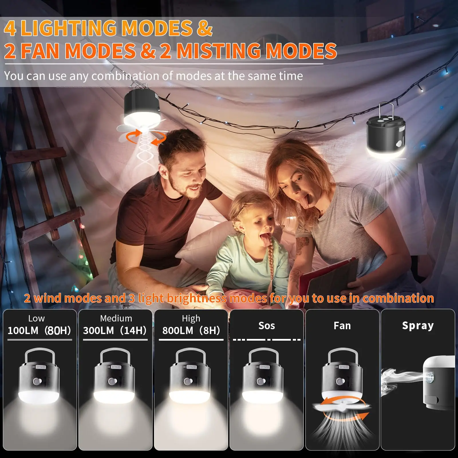 LED-campinglantaarn oplaadbaar, 3000 mAh campingtentlamp met ventilator, 4 lichtmodi, spuitfunctie, minilicht met magnetisch B