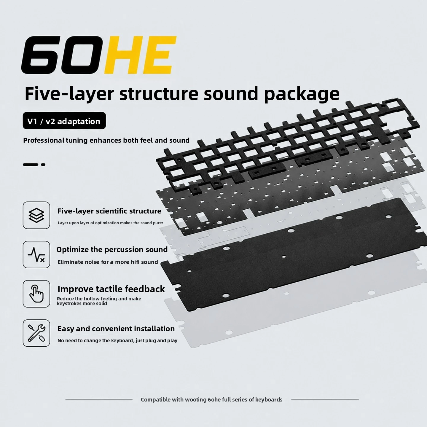 For Wooting60HE V1V2 Sound Package Customized PORON Sandwich Cotton Bottom Cotton Switch Pad Underlay PET Sound Pad Accessories