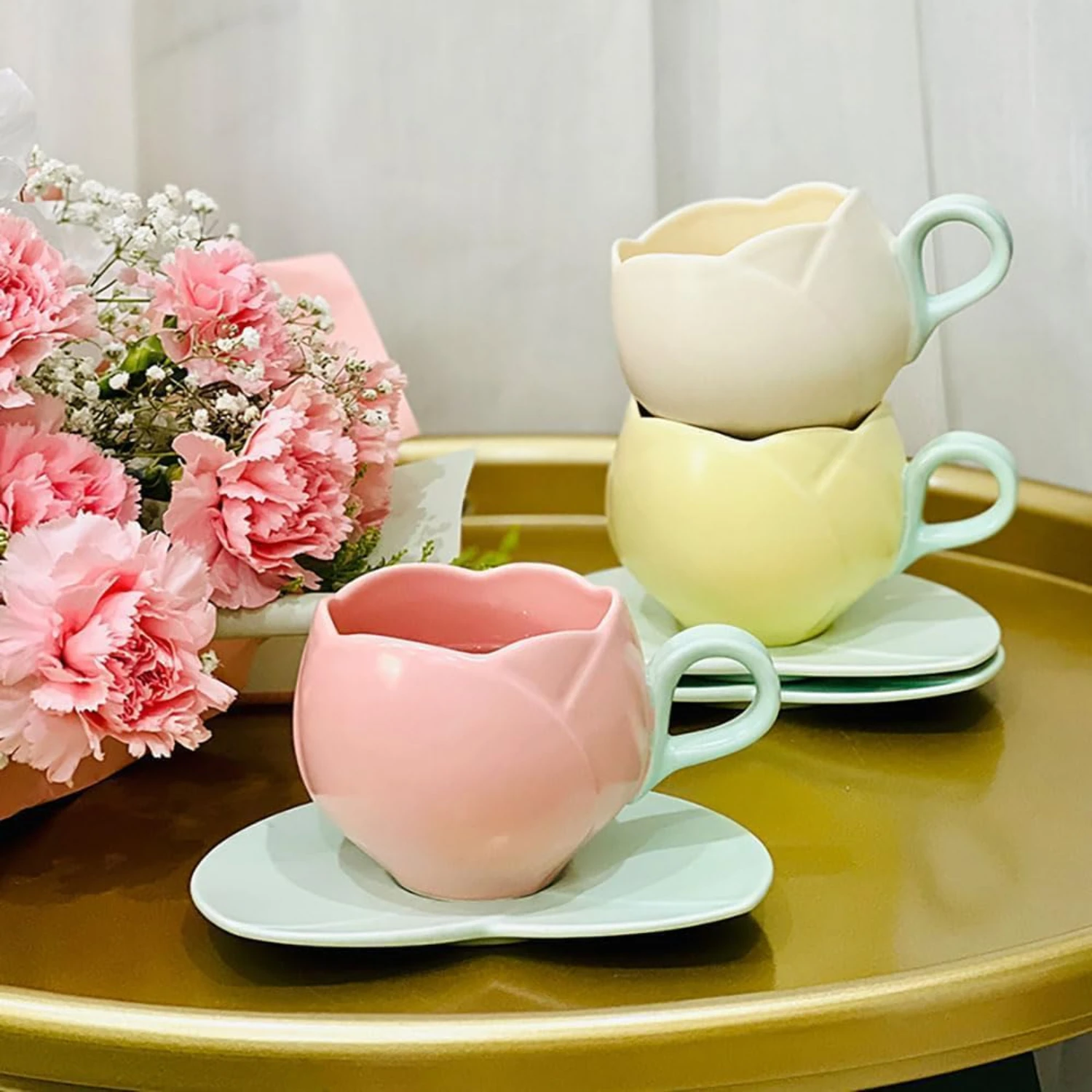 Beautiful and elegant handcrafted ceramic coffee mugs with coaster - stunning and unique 3D tulip design, comfortable handle - p