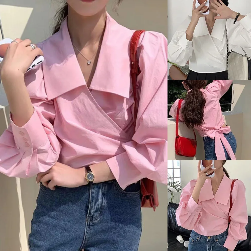 Autumn Season Waist Cross-over Shirt Casual Female Shirt Lapel Neckline Polyester Fabric Slightly Elastic Solid Color Pattern