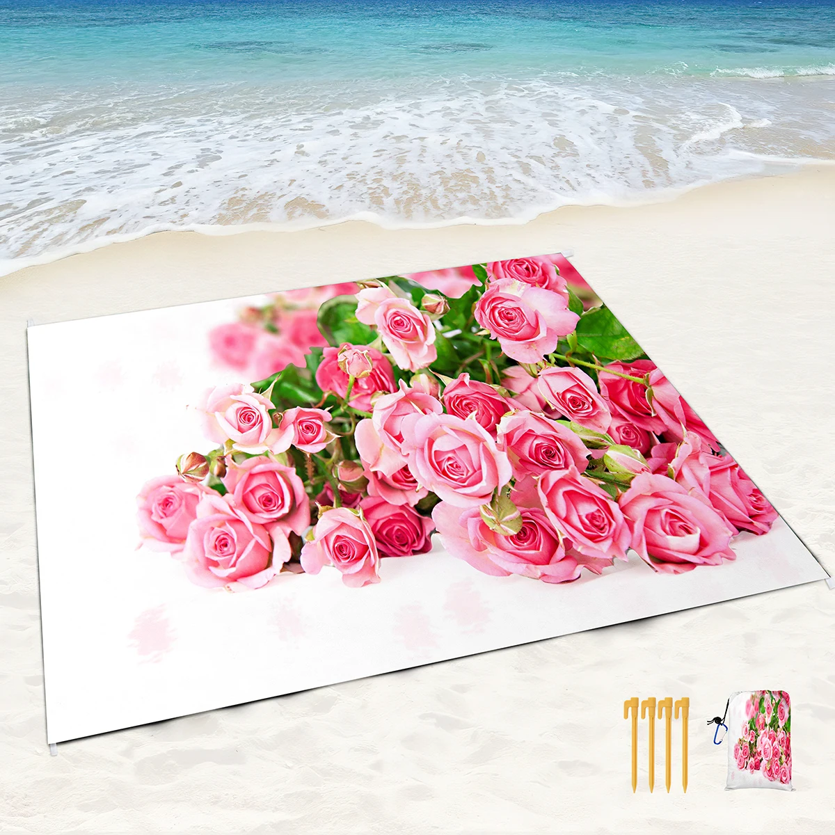 Waterproof Sandproof Rose Soft Beach Blanket with 4 Stakes & 4 Corner Pockets,Lightweight Foldable Picnic Mat for Travel,Camping