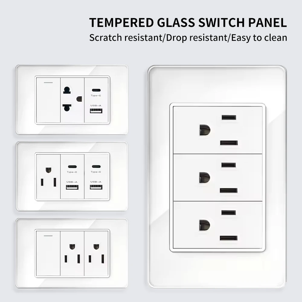 

118*75mm Plug with Dual USB Type-C Ports,Light Switch 110V Tempered Glass US Wall Socket White Thai USB Socket