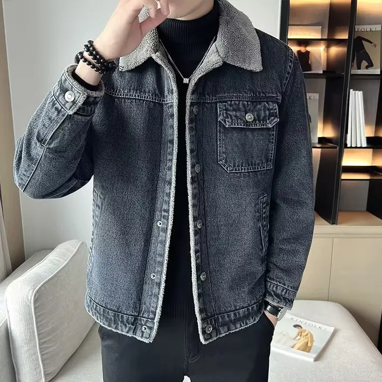 Men's Workwear Denim Jacket with Fleece  Durable for Labor Protection Autumn Winter Coat Youth Fashion Thickened Warm