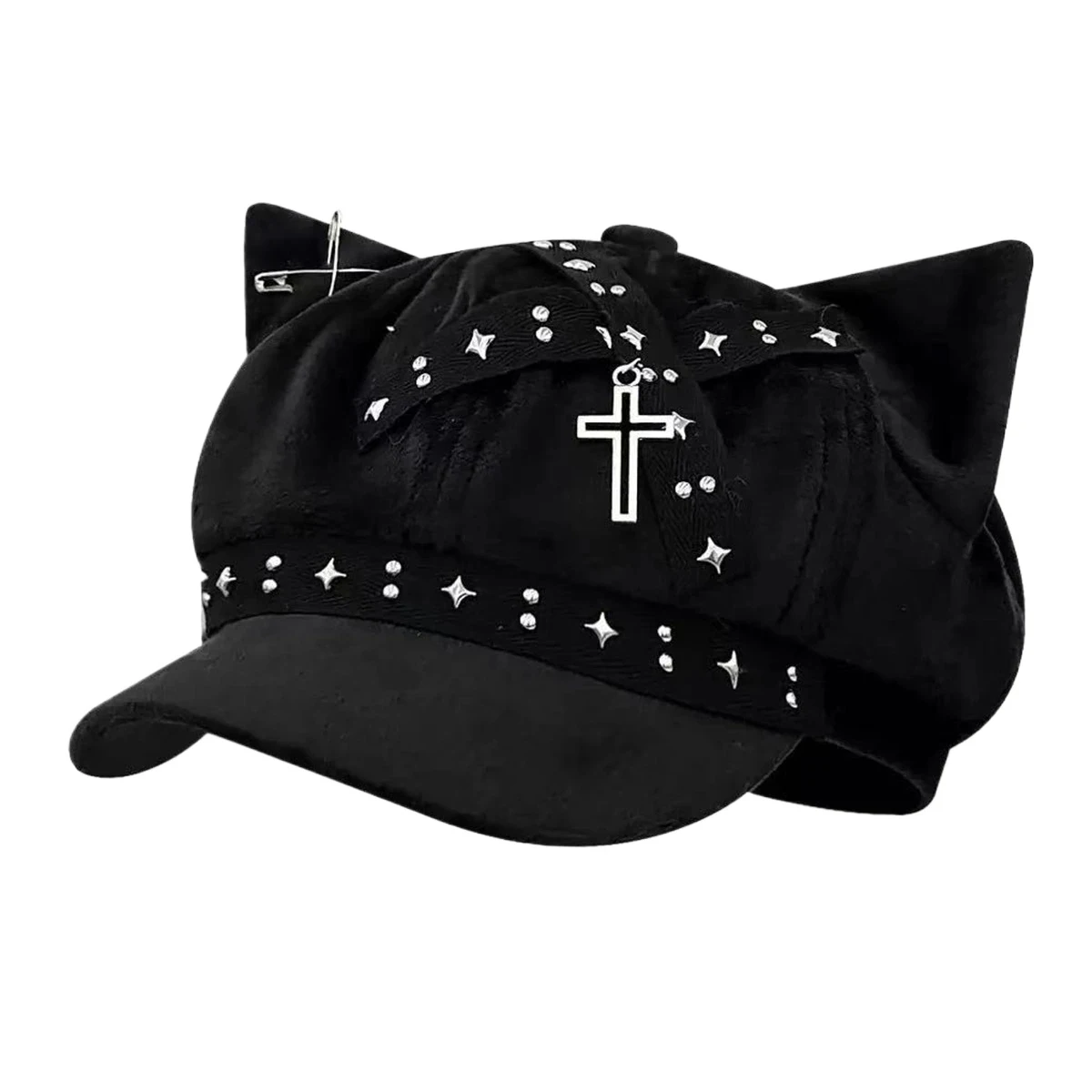 Unisex Rivet Cross Cat Ears Newsboy Hat Spring and Autumn Retro Beret Hats Wild Casual Hats Octagonal Cap