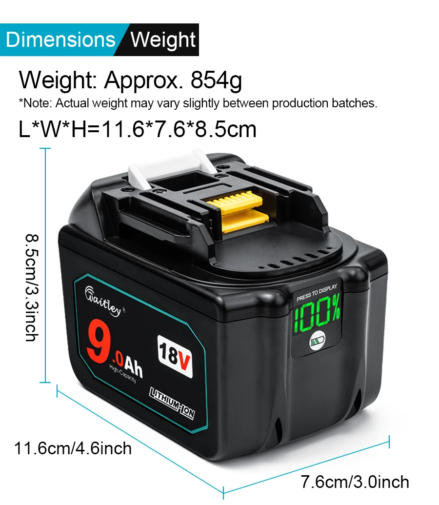 Waitley 18 V 9,0 Ah Akku für Makita Elektrowerkzeug Lithium-Ionen-Ersatz 18 Volt 9000 mAh 18 V 9 A BL1890 BL1840 BL1850 BL1860 – Detail 10