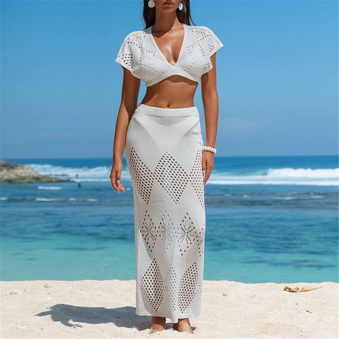 V-Ausschnitt, kurze Ärmel, gehäkeltes Strickmuster, zweiteiliges Set, Strandkleid, Strandmode, Strandbekleidung, Strandüberwurf, Damen, V6703 – Detail 8
