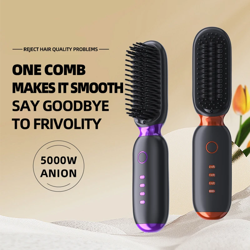 Portable Cordless 2-in-1 Hair Brush Straightener Fast Heating Ceramic Plate Negative Ion for Home Hotel Use USB Power Source - view 3