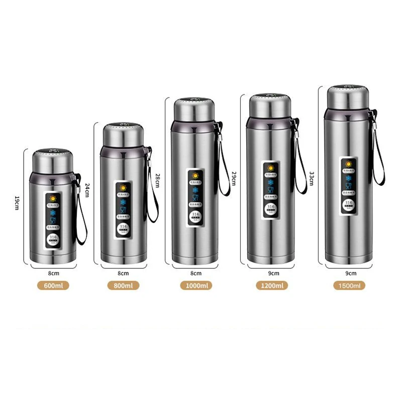 316 Stainless Steel Thermal 600-1500ml Vacuum Flask LED Temperature Display Large Capacity Insulated Thermos Tea Water Bottle