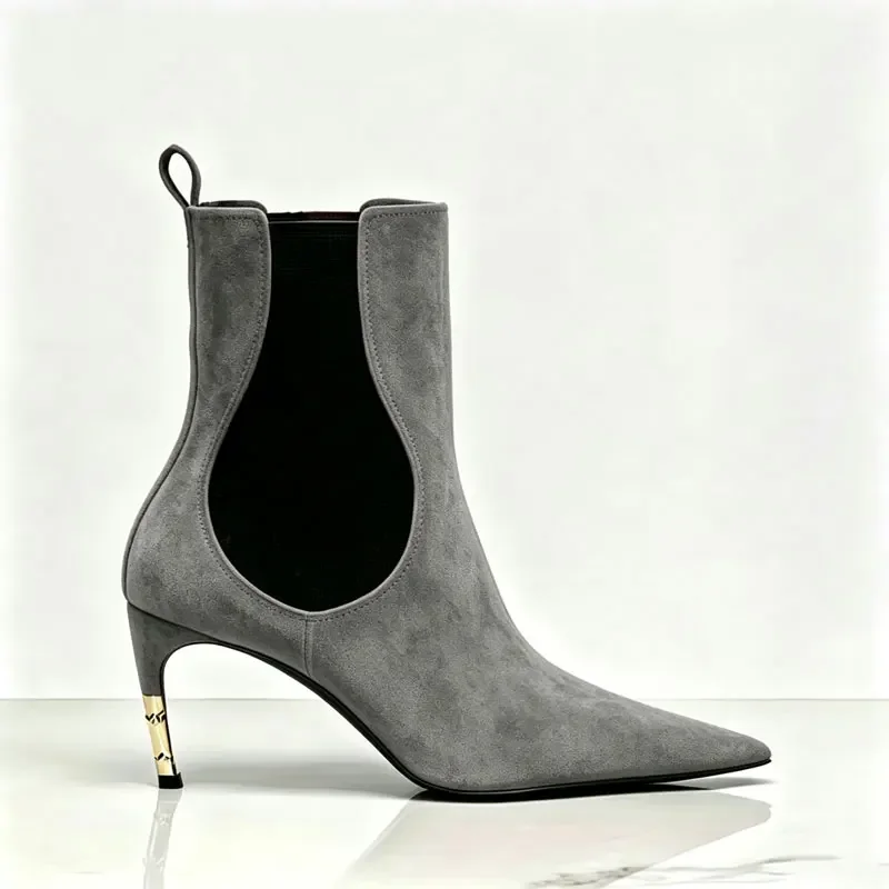 2026 New Low Heel Knee High Boots with Pointed Kitten Heels and Elastic Fabric Autumn and Winter Fashionable Mid Length Boots