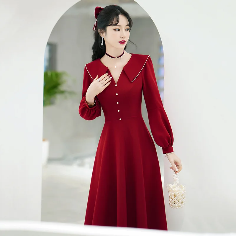 Burgundy Women's Vintage V Neck Wedding Engagement Dress Prom Banquet Party Dresses 2023 Spring Autumn Mid-Length Satin Vestidos