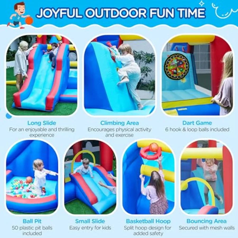 Inflatable Bounce House, 7-in-1 Bouncy Castle Combo w/Ball Pit & Bouncing Area & Slides & Basketball Game & Dart Game, Jump Hous