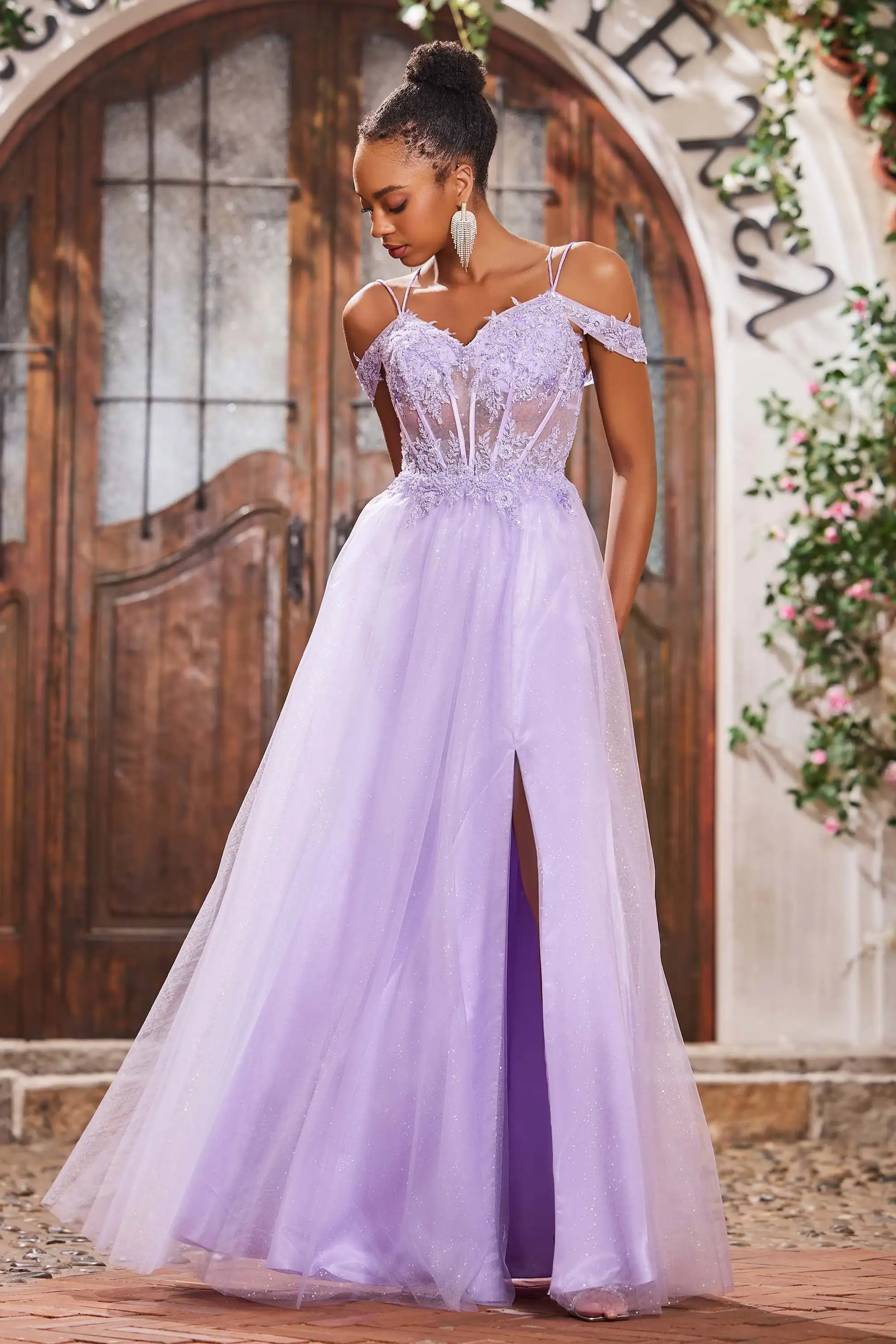 Vestidos de fiesta de hadas de tul lila, tirantes finos con hombros descubiertos, apliques de corte en A, corsé de encaje, vestidos elegantes para mujer