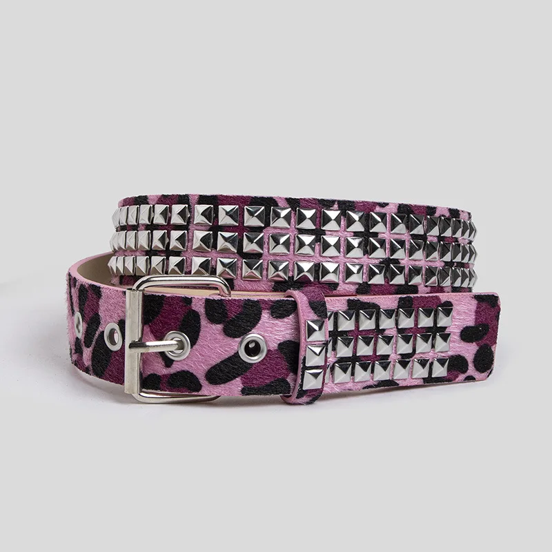 Western Women Leopard Print Square Pyramid Punk Hiphop PU Belt Fashion Jeans Nightclub Rock Belt for Ladies