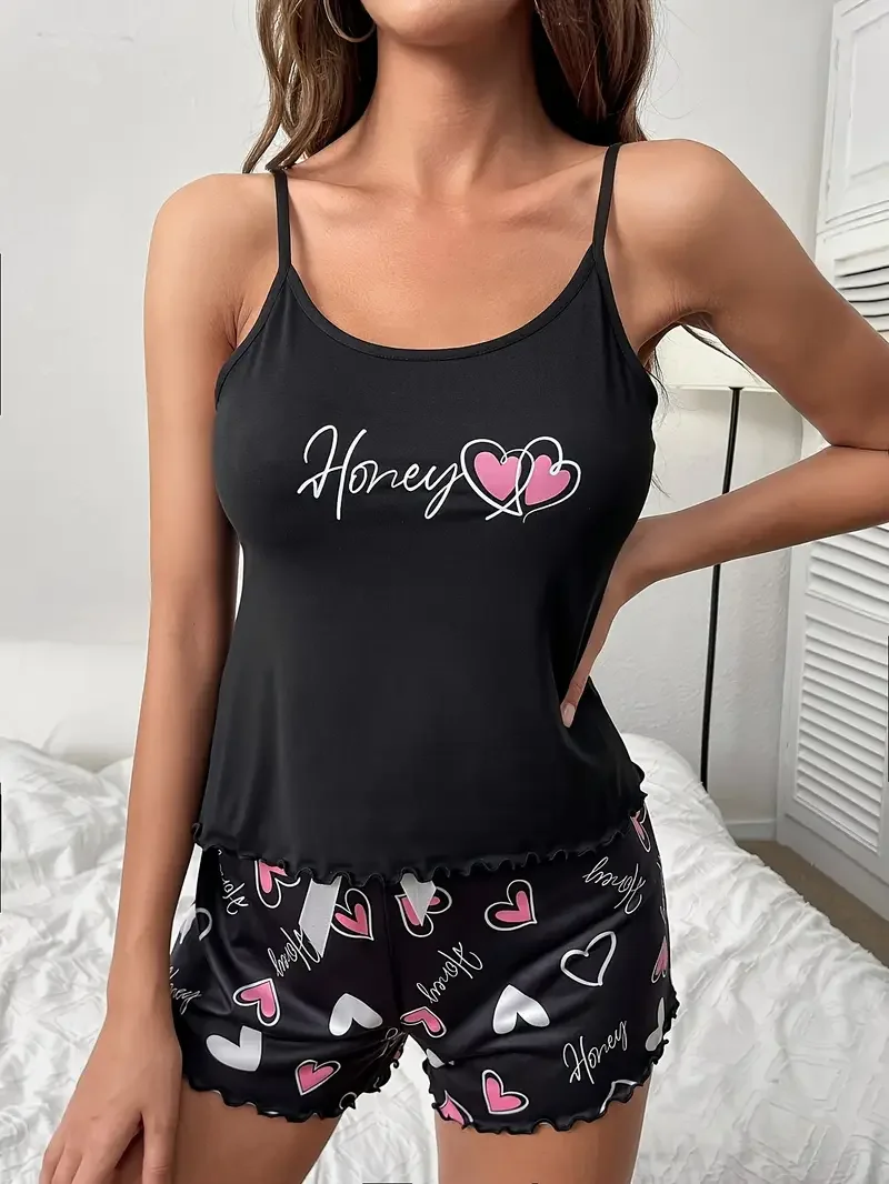 طقم بيجامة مطبوع عليه قلب وأحرف من الخس، قميص كامي كاجوال برقبة دائرية بدون ظهر وسروال قصير مزين بفيونكة، ملابس نوم نسائية