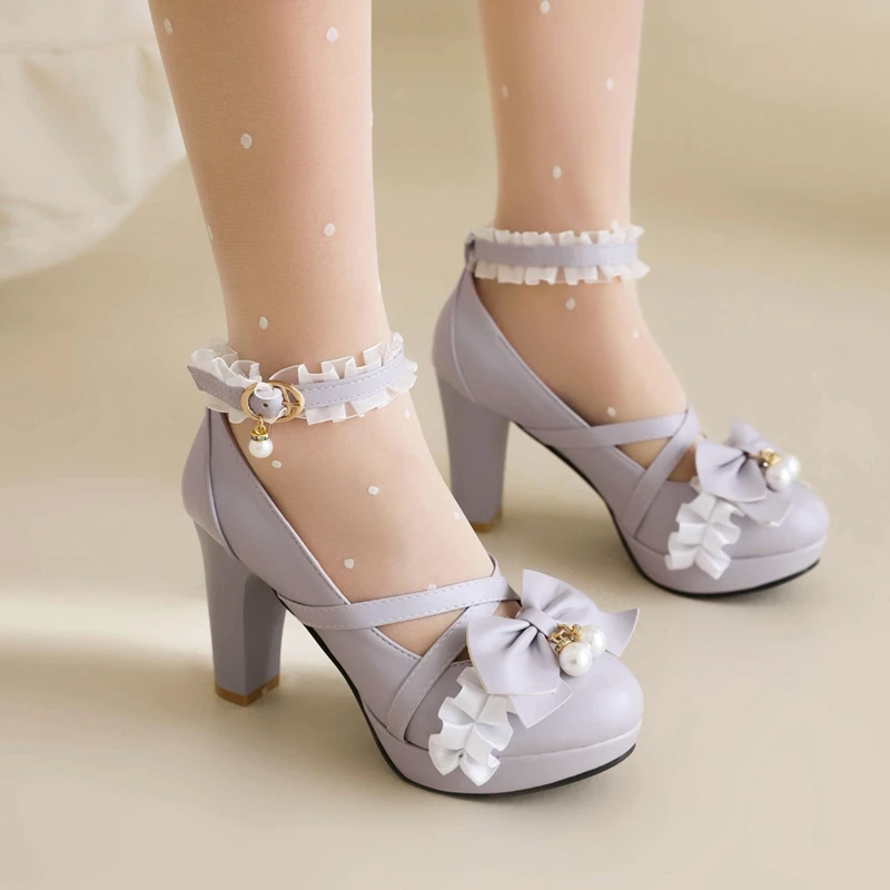 Sweet Cross Ankle Strap Women High Heels Mary Janes Pumps Party Wedding Cosplay Pink Bowtie Princess Lolita Shoes Big Size 33 45