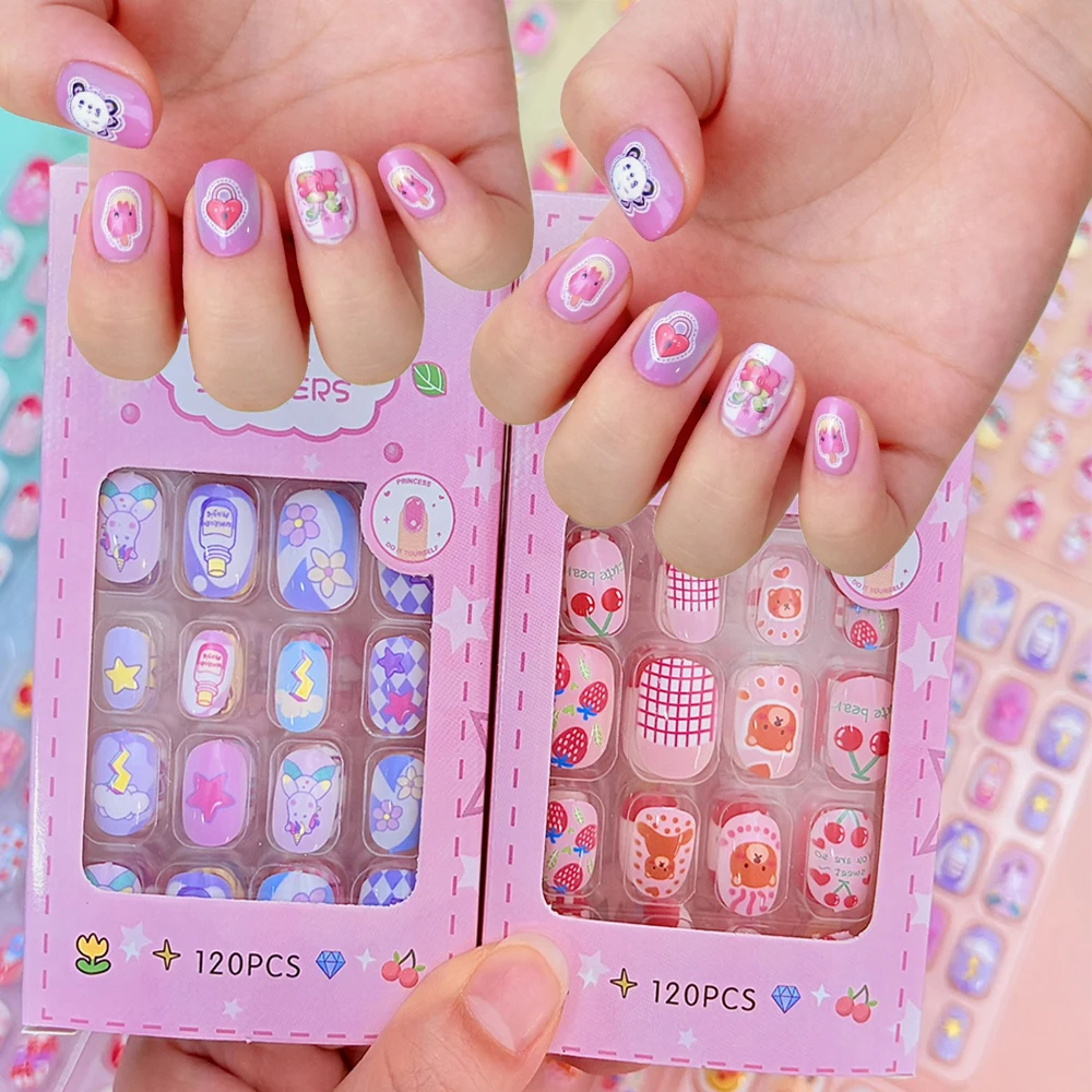 

120pcs-5set Cute Cartoon Children Press On Nails Tips Bear/Rabbit/Cat/Cherry Design Fake Nails Full Cover Girl Manicure Tips Gif