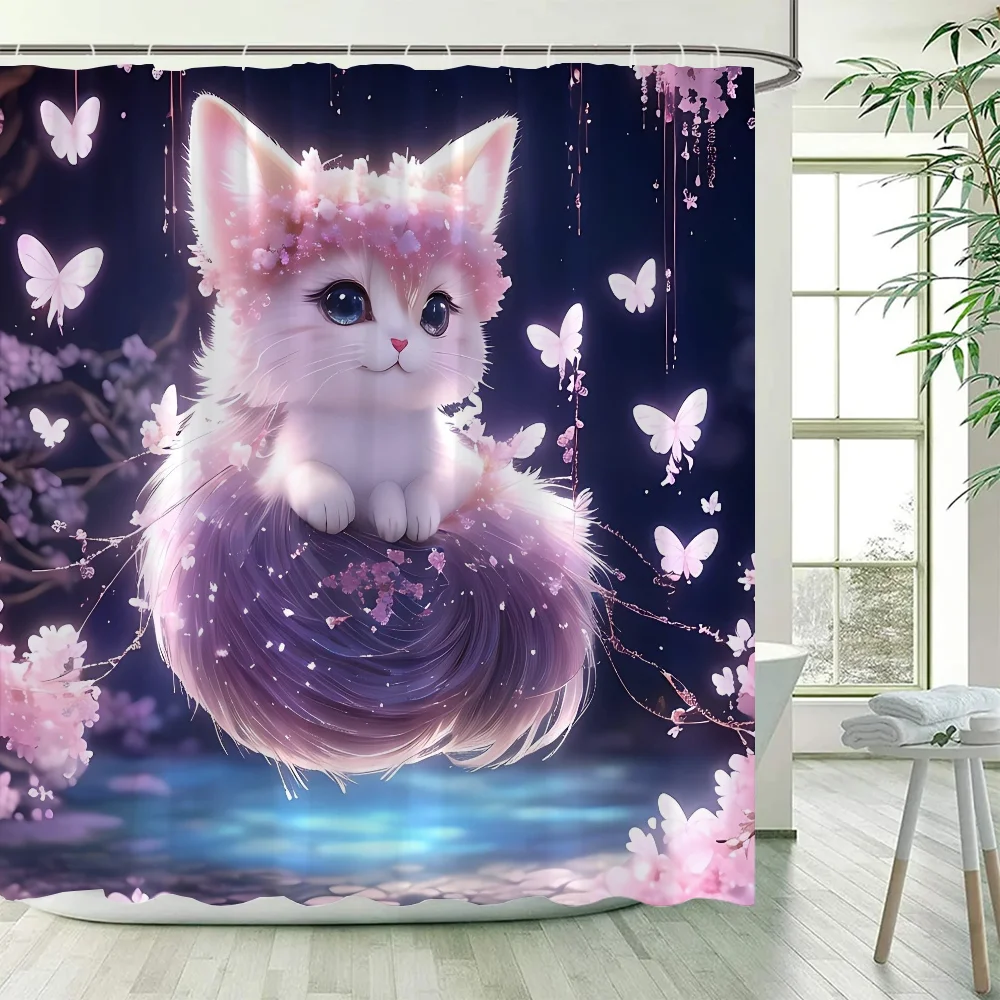 Kawaii Cat Shower Curtains for Bathroom Accessories Set Bath Curtain Bedrooms Folding Partition Things The Sets Full Luxury Home