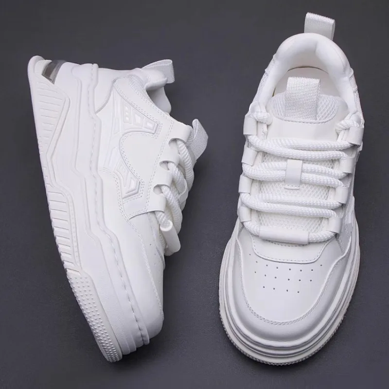 European Trendy Thick Sole Casual Shoes Men's Sneakers Breathable Genuine Leather Designer Height Increasing Board Shoes Male