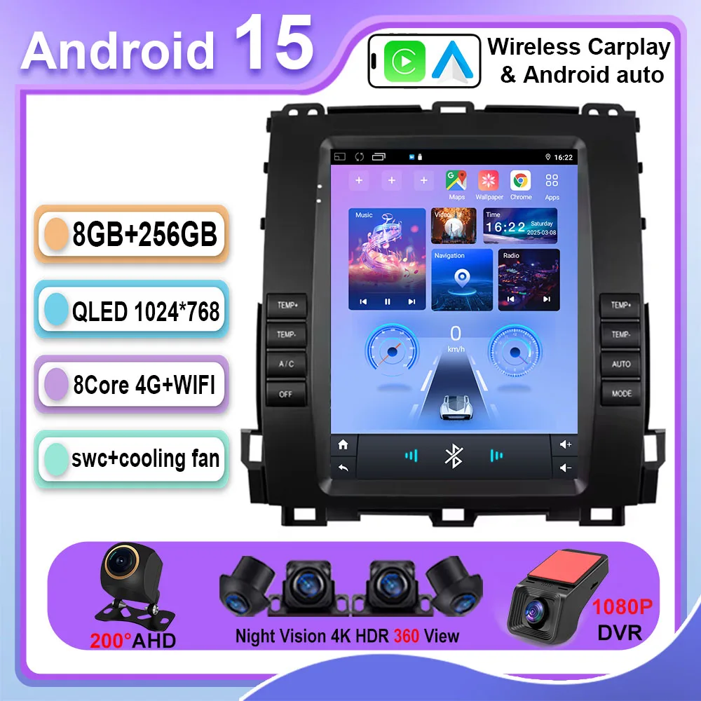 9.7inch Android 15 Car Radio For Toyota Land Cruiser Prado 120 For Lexus GX470 Auto Stereo Multimedia Carplay GPS Stereo WIFI BT