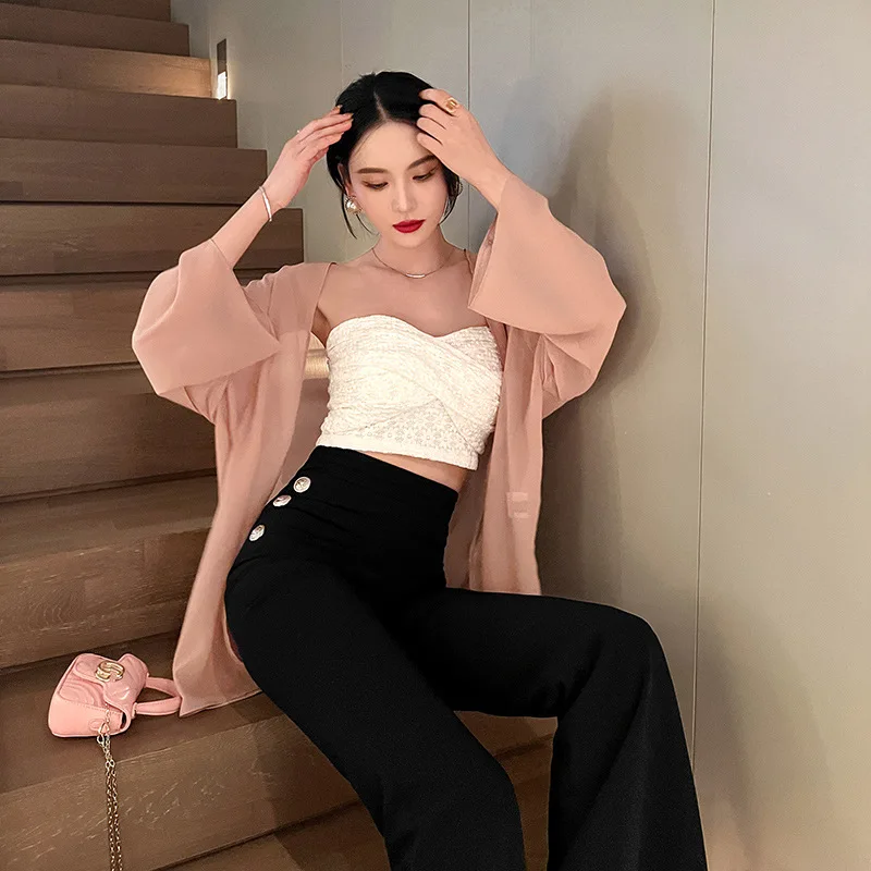 Summer New Women's Casual Temperament Air-conditioned Shirt Black Fashion Chiffon Solid Color Sunscreen Clothing