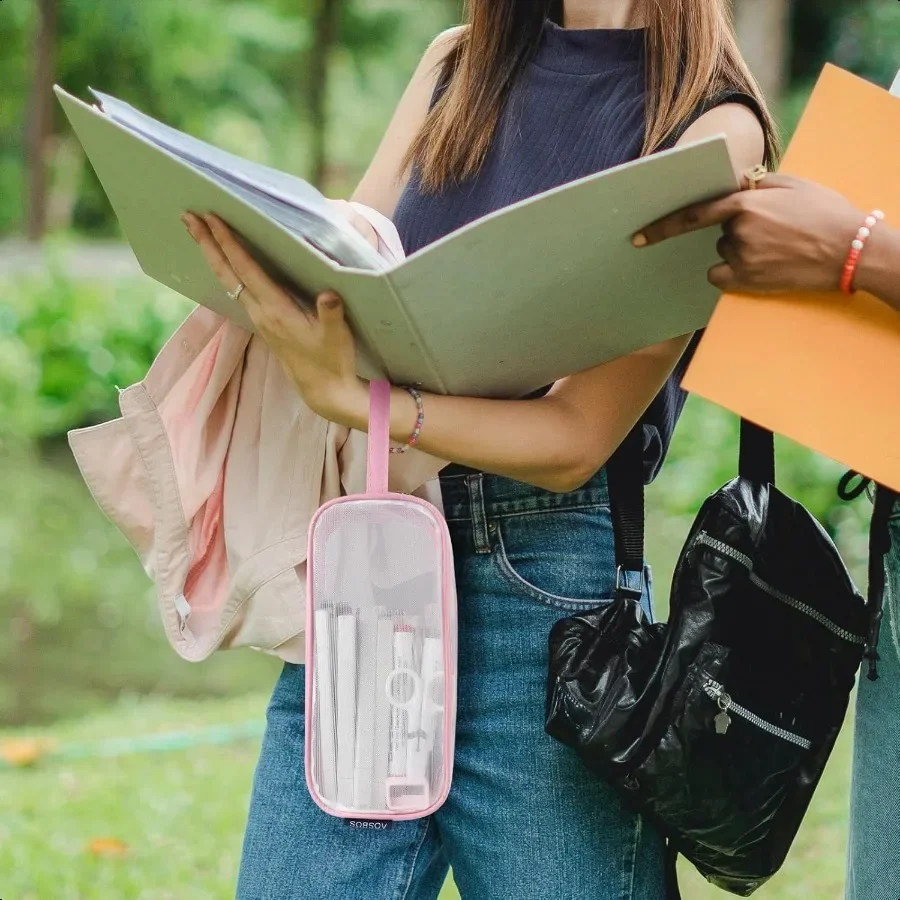 Aosbos Mesh-Federmäppchen, durchsichtiges Federmäppchen, Bleistiftbeutel, transparente Stifthaltertasche, Mehrzweck-Organizer-Box mit tragbarem Stra