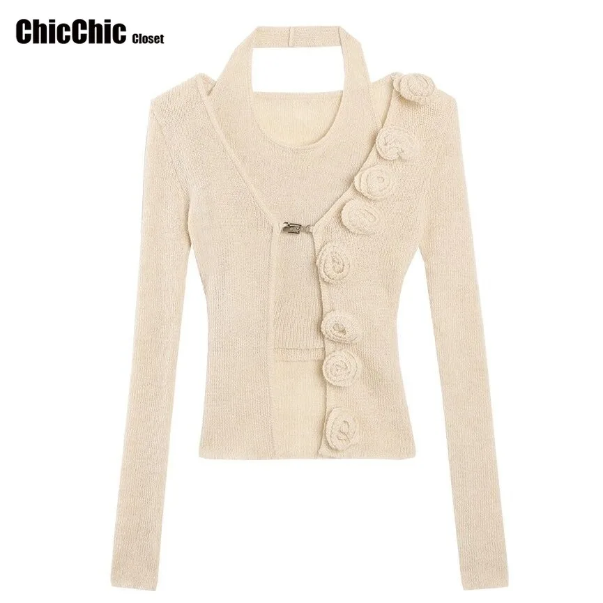 Damski kardigan z dzianiny z długim rękawem, styl koreański, czysta pokusa, seksowny wygląd, efekt wyszczuplający, dekolt z odkrytymi ramionami, nowość 2025.