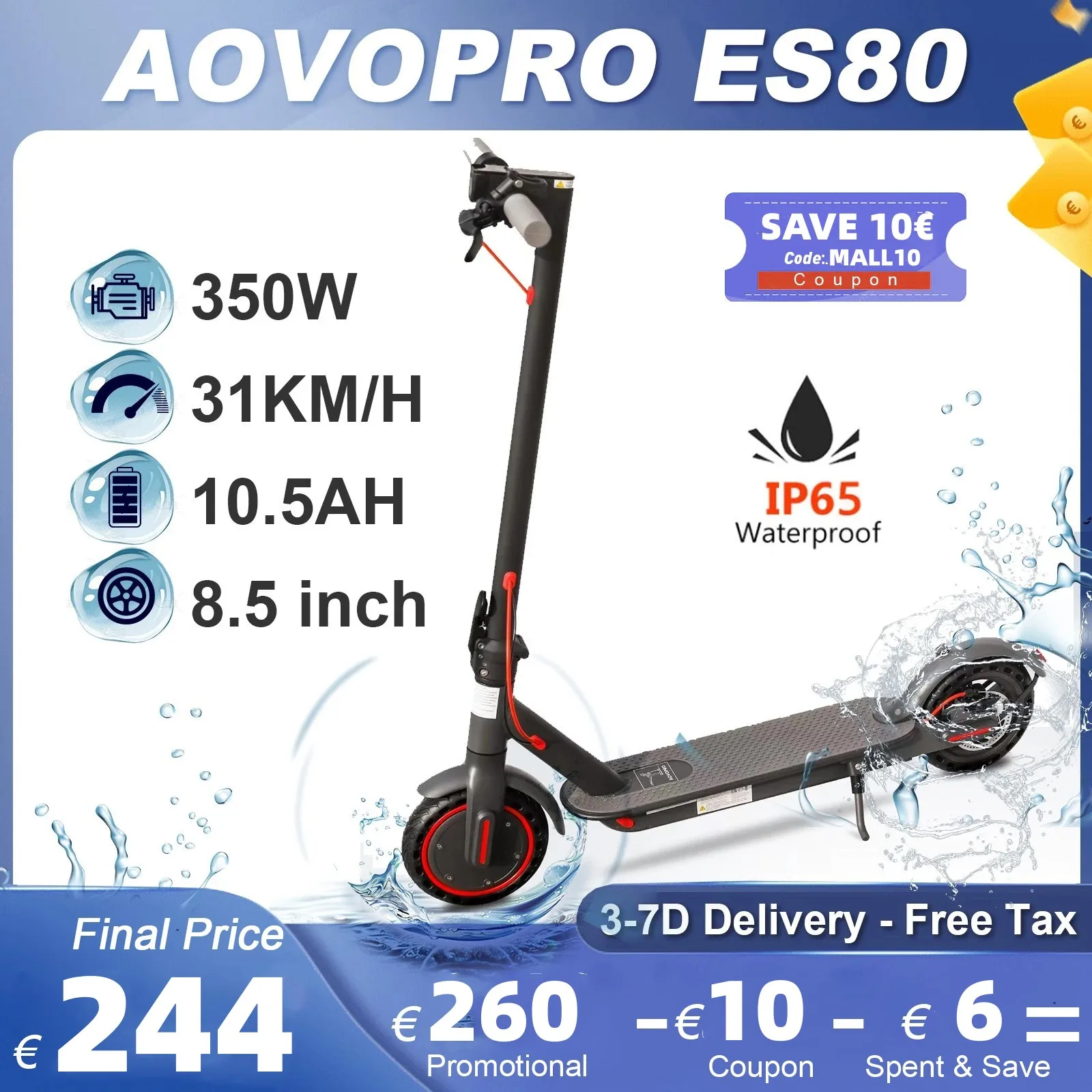 AOVOPRO ES80 350W Electric Scooter 31KM/H 10.5AH Adults Escooter 8.5 Inch Off Road APP Smart Folding Electric Kick Scooter