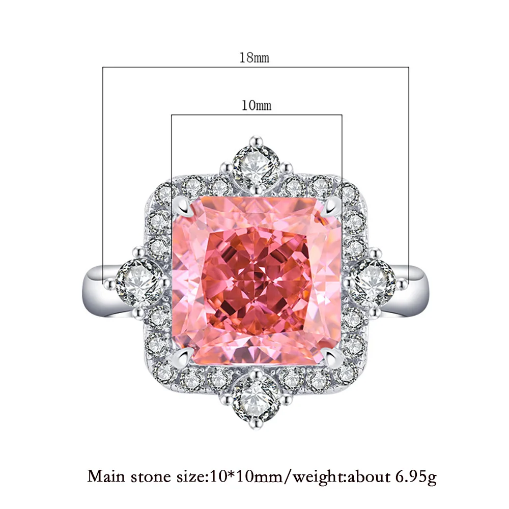 Luxury 100% 925 Solid Silver 10*10mm Padparadscha Tourmaline Rings for Women Gemstone Wedding Ring Party Fine Jewelry Lady Gift