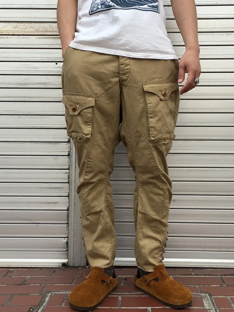 

Khaki cotton breeches retro casual multi-pocket pencil pants YUTU&MM men's 9 points pants