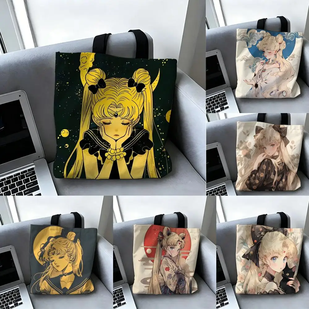 S-Sailor M-Moon Ancient Storage Bags Canvas Double-Sided Print Tote Bag Large Capacity Shoulder Fashion Shopping Handbag