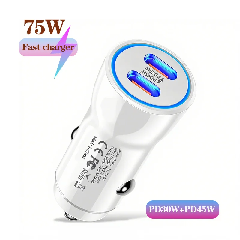 

2Port PD 75W car charger PD45W+PD30W car phone charger for HUAWEI iPhone Samsung Xiaomi fast charging cigarette lighter adapter