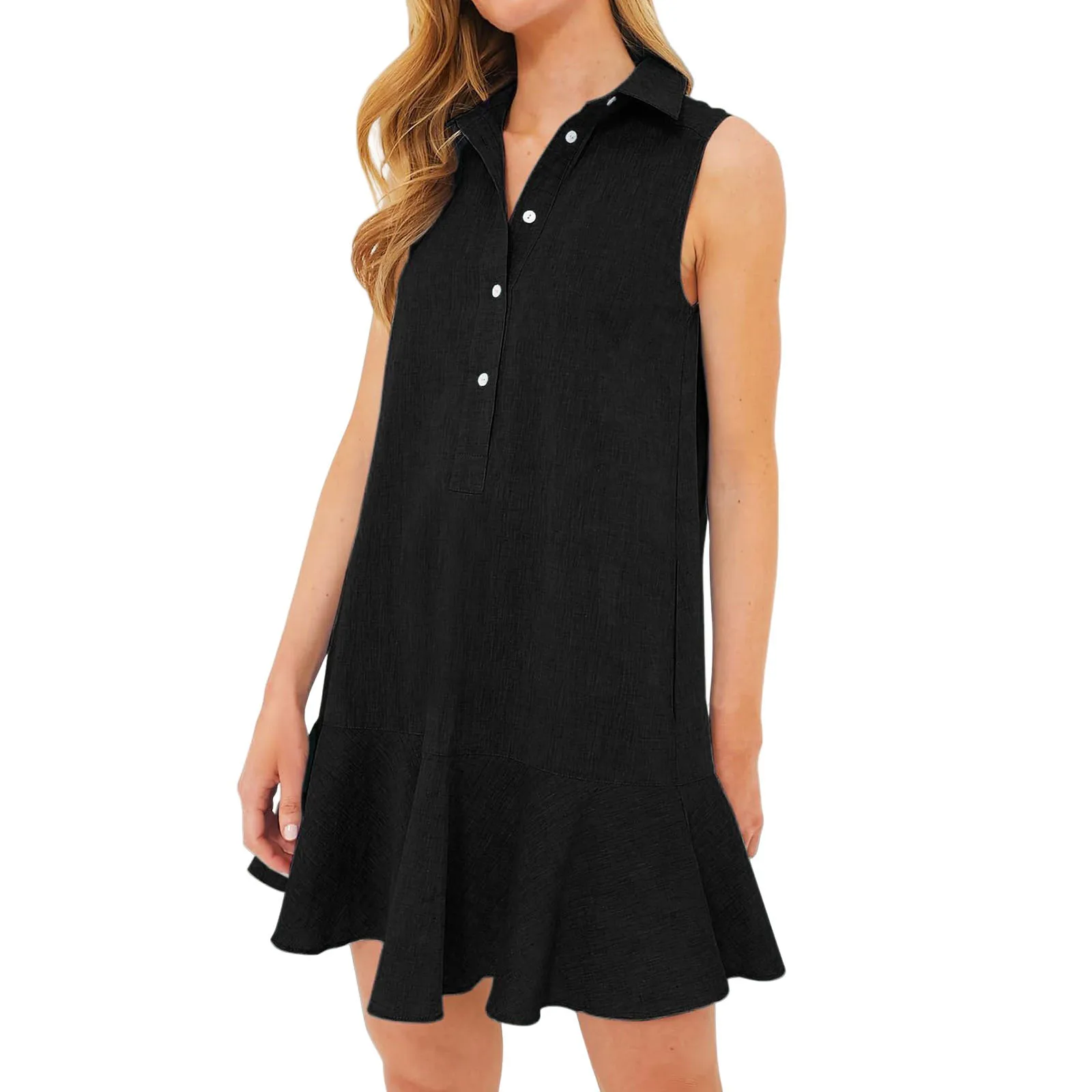 Women's Summer Solid Lapel Sleeveless Nail Open Chest Ruffled Mini dress