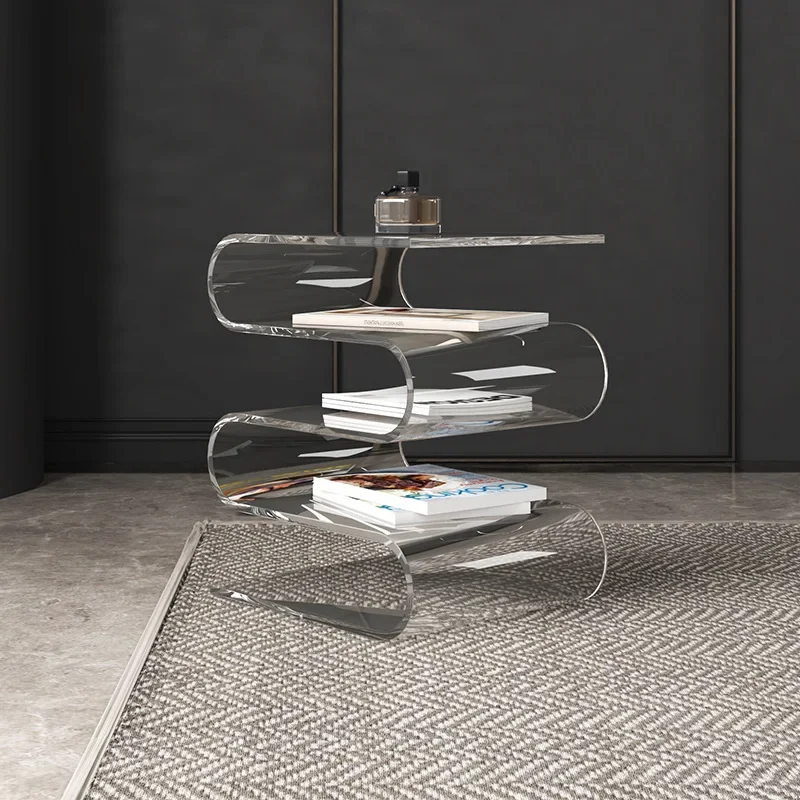Minimalist Solid Wood Cream Style Side Table, Transparent Accent Table for Sofa Bedroom Corner, Living Room Magazine Holder