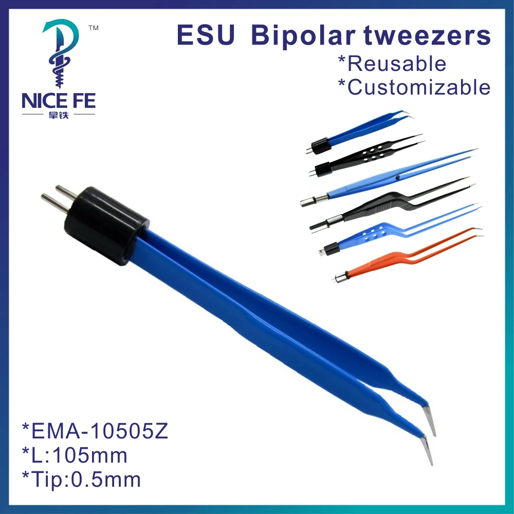 

Reusable AHA Blue Bipolar tweezers Forceps Straight or Curved for Electrosurgical unit：L:10.5 cm,tip 0.5mm