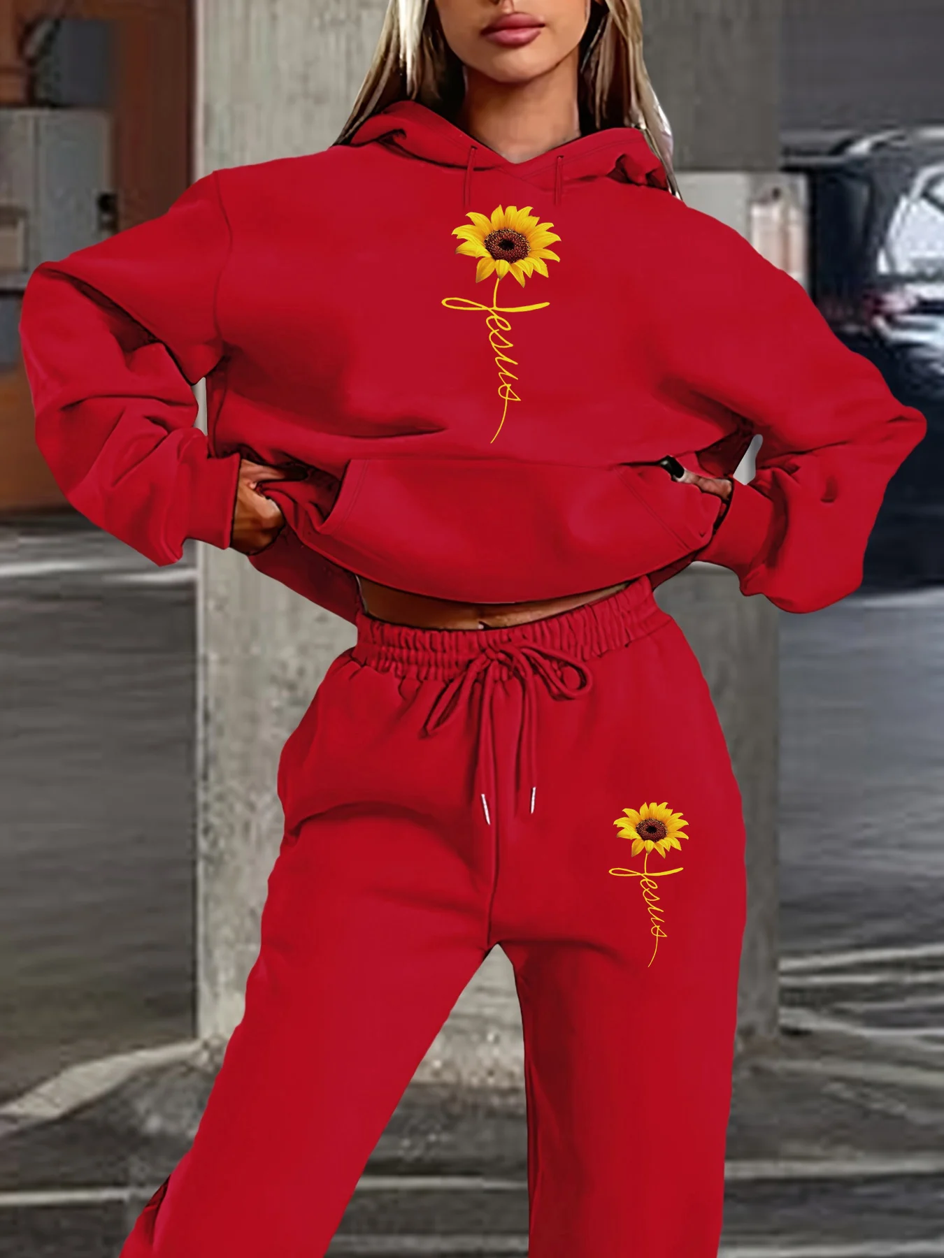 Women's autumn and winter fashionable casual sunflower cross print with thick fleece and warm hooded sweatshirt+sports pants set