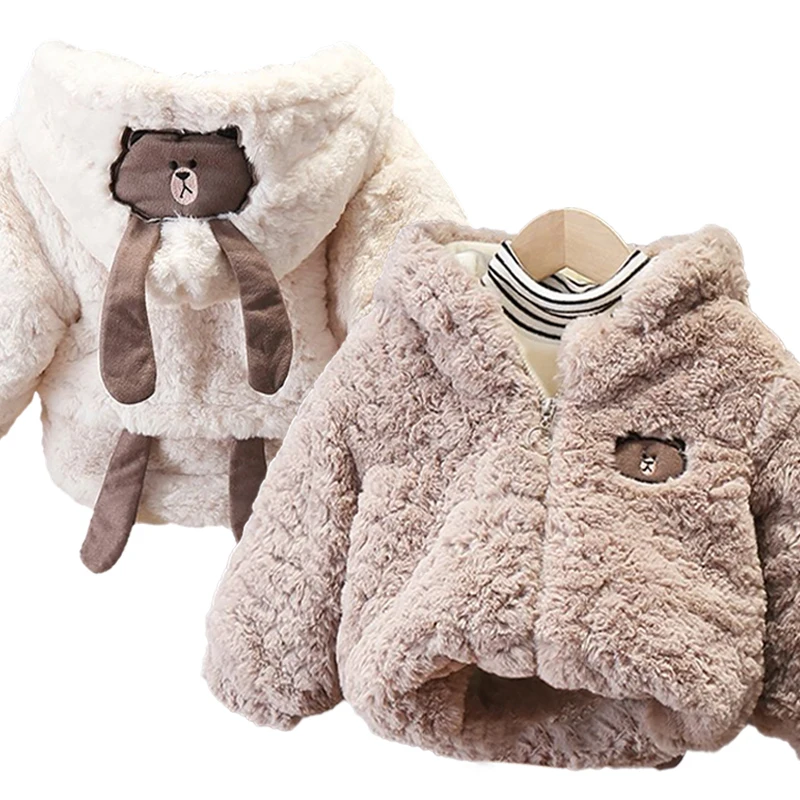 Boy Autumn Winter Cartoon Bear Plush Coat 0-4 Years Baby Girls Cute Hooded Furry Jacket Children's Thick Warm Sports Outerwear