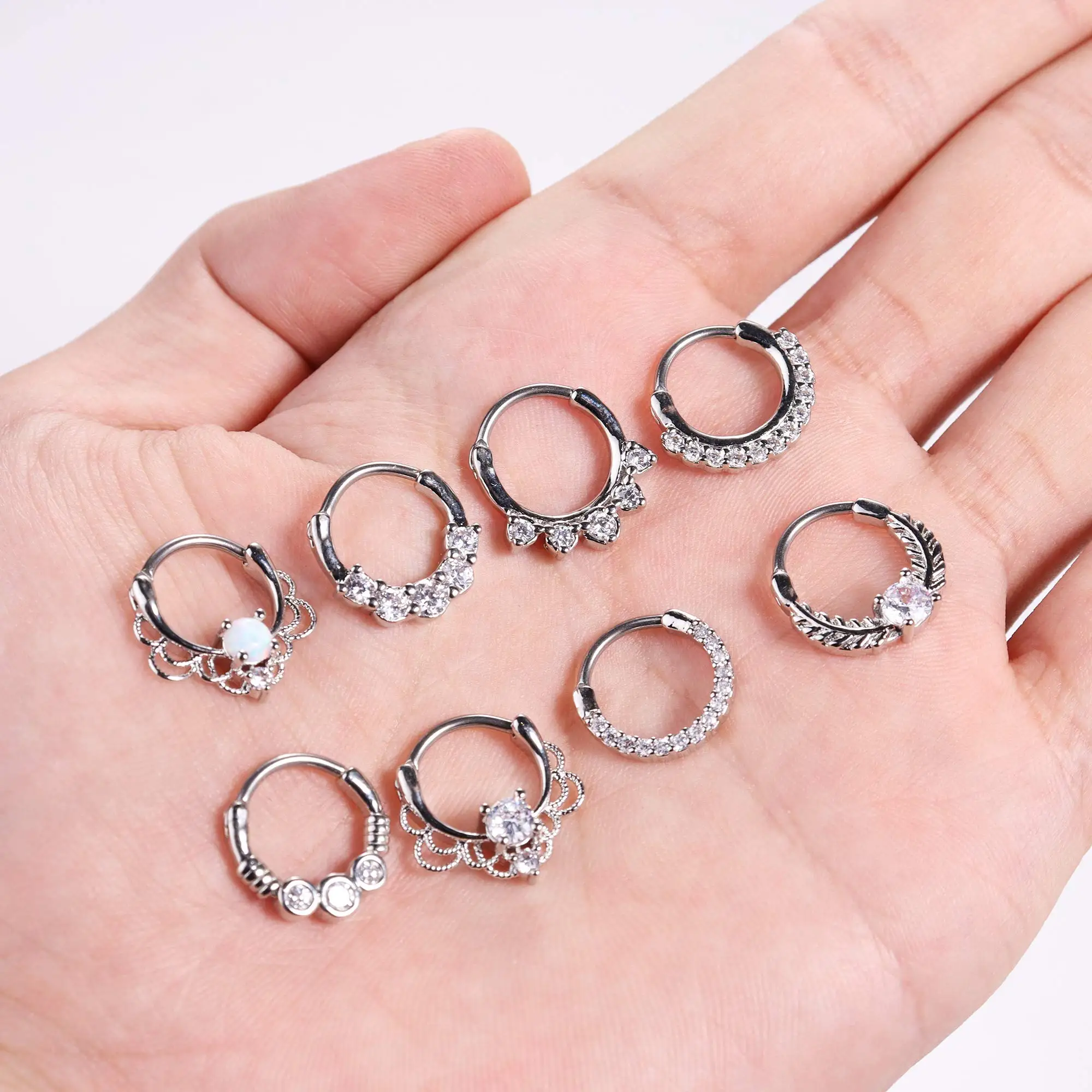 Drperfect-anillo Clicker de tabique de 16G, acero inoxidable, CZ, Ópalo, cartílago, hélice, Tragus, Daith, pendiente, anillos de nariz, Piercing de aro, joyería