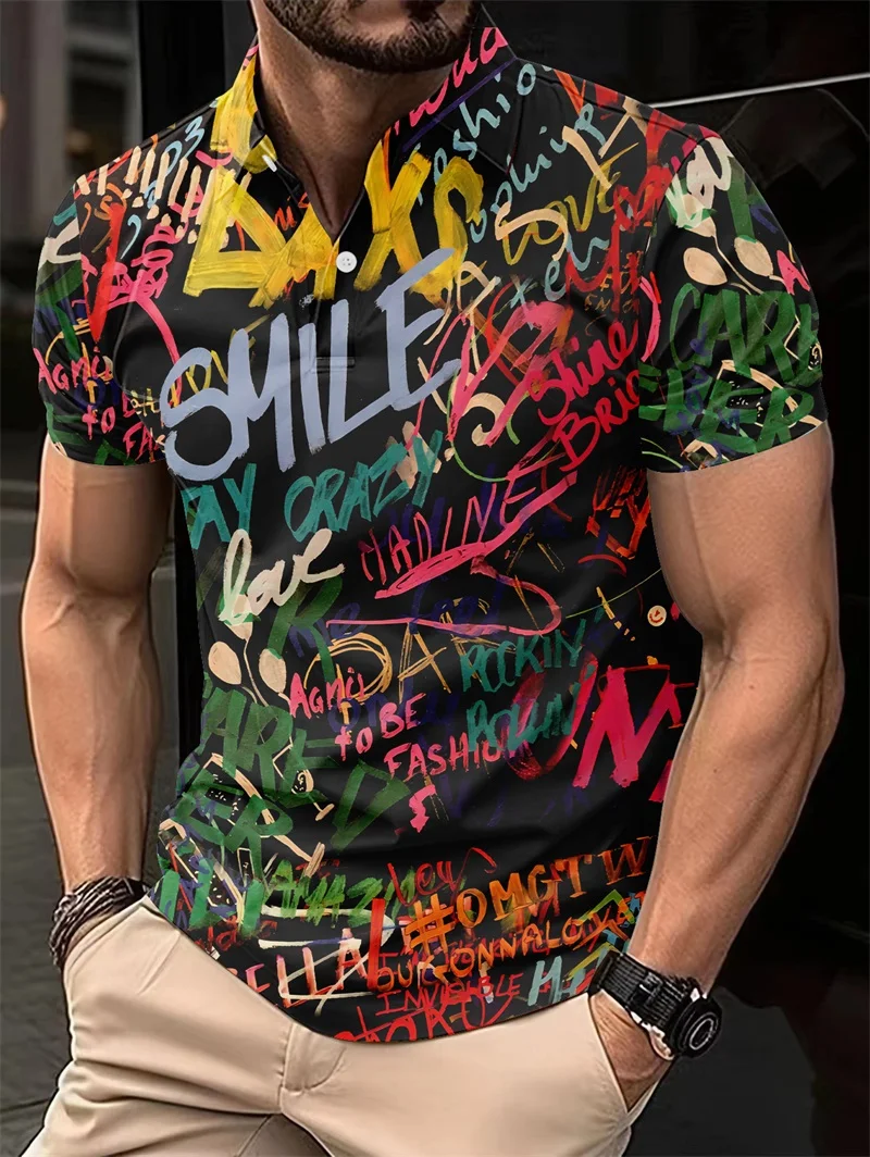 Fashion Colorful Neon Pattern Graffiti 3d T-shirt Men's Hip Hop Casual Street Wear Casual Polo Shirt Button Down Lapel Top