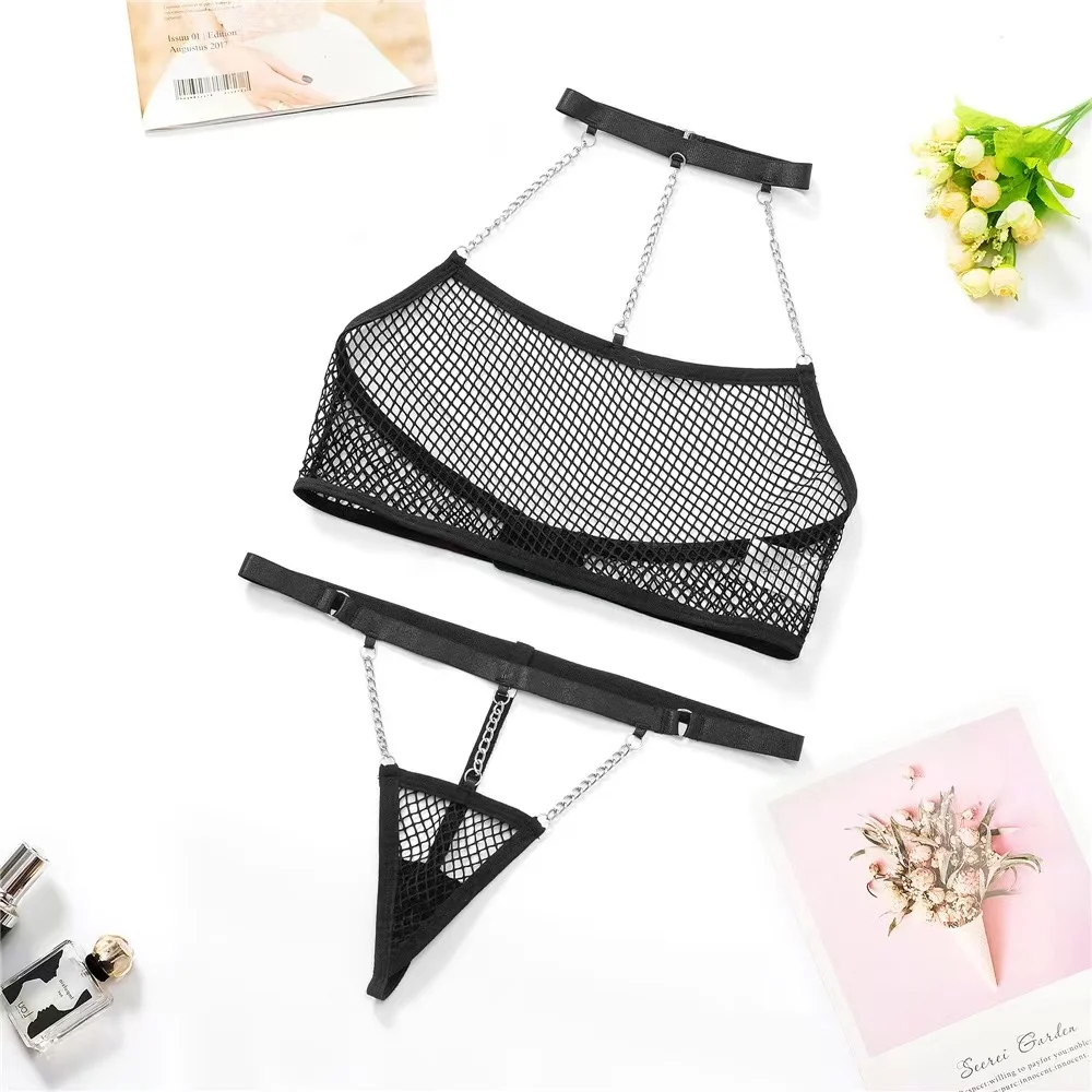 Sexy Fishnet Lingerie Set Women Chain Bra & Brief Sets Erotic Costumes Lenceria Sensual Mujer Hollow Out Bra Thong Underwear